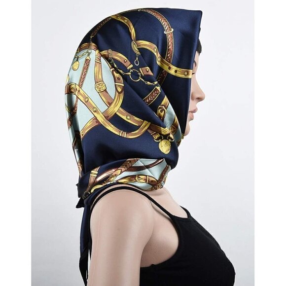 Corciova Square Stain Silk Like Hair Wrapping Scarves Night Head Scarf- 111 Navy - Picture 2 of 8
